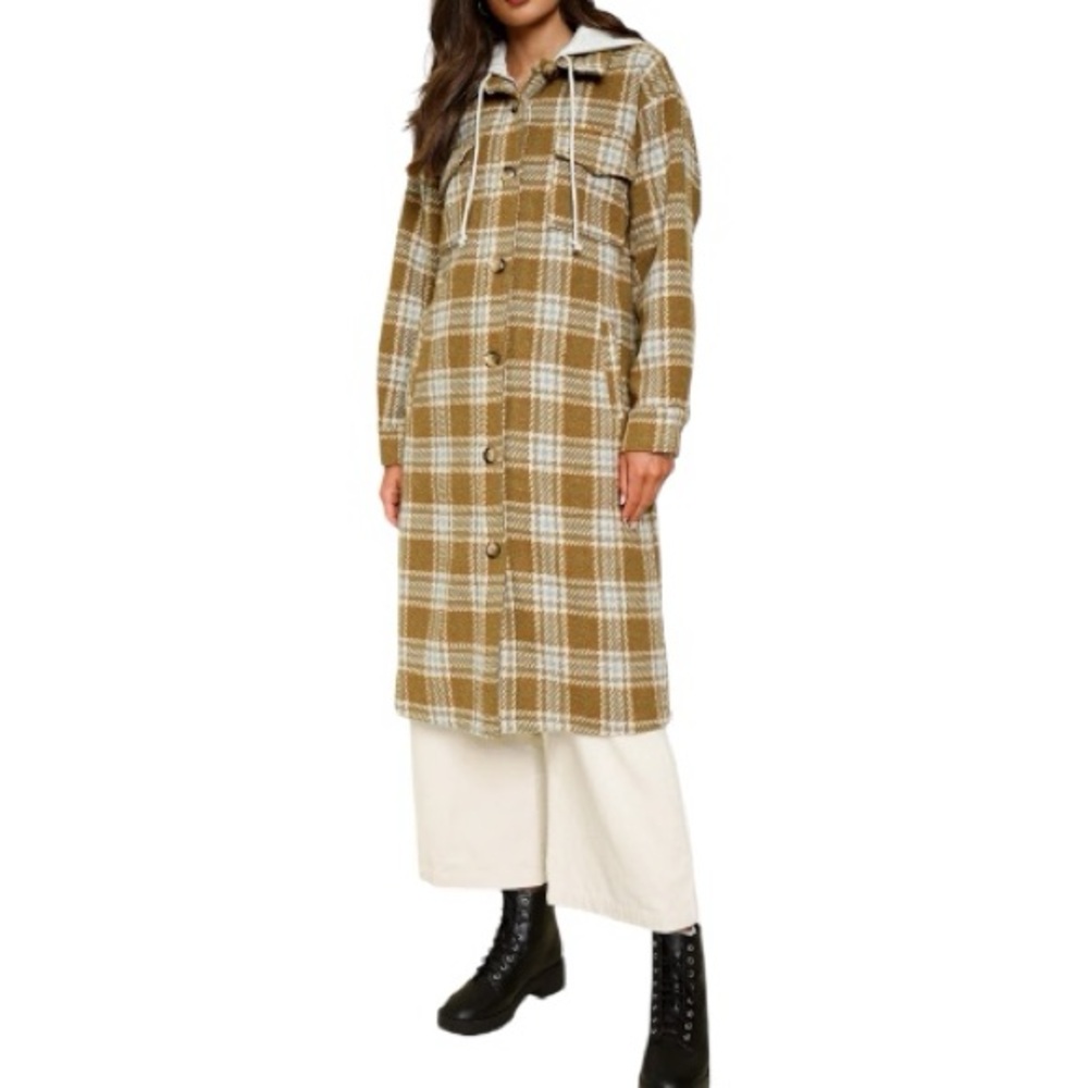 Mystree Twofer Tan Blue Cream Plaid Long Women’s Hooded Jacket New - Size Medium - Picture 8 of 9